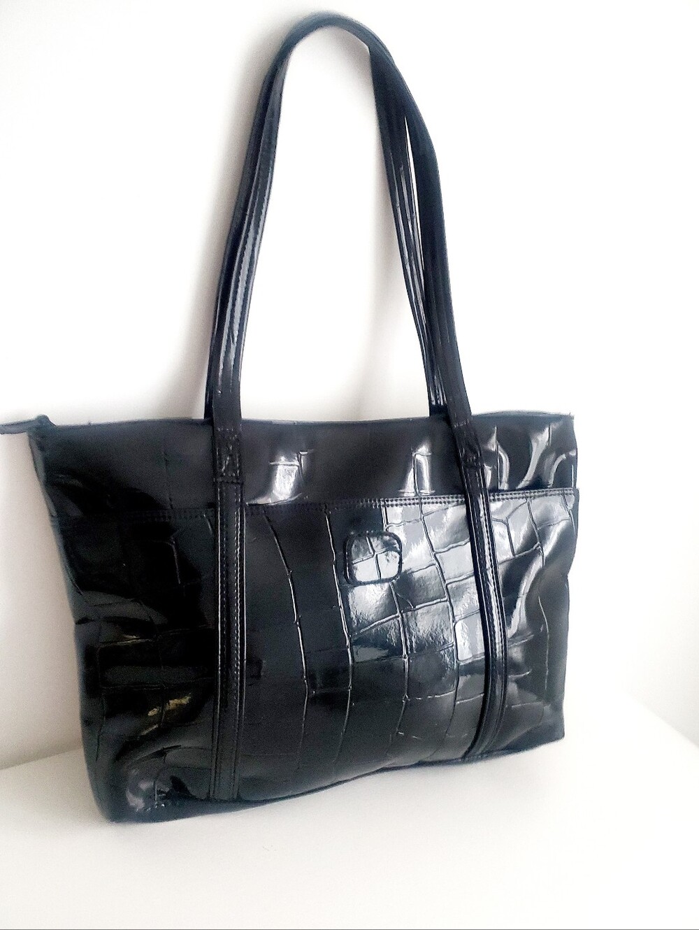 Glossy Black Croc-Embossed Tote Bag